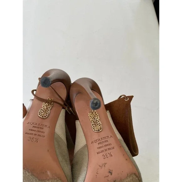 Aquazzura Tan and Gray Rainbow 105 Color Block Stripe Suede Heels, Size 36.5 🔴